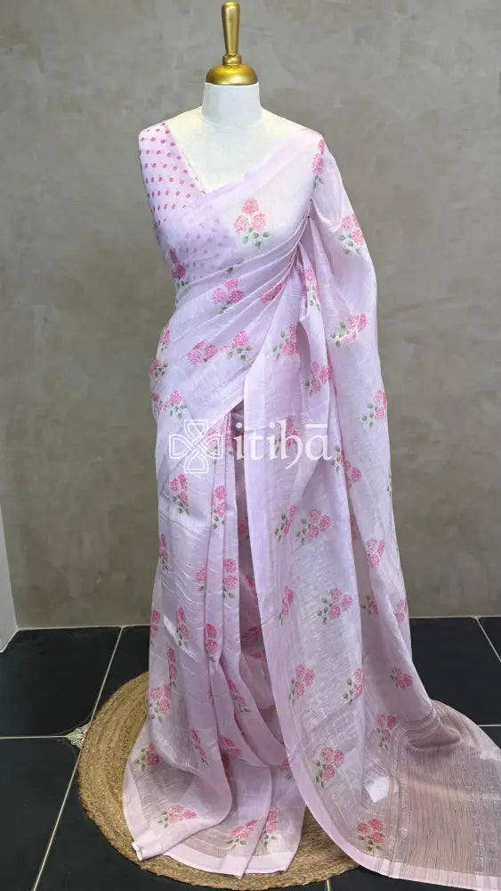 PURE SILK LINEN FLORAL PRINTED SAREE - LIGHT LAVENDER