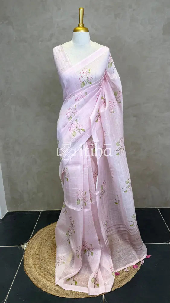 PURE SILK LINEN FLORAL PRINTED SAREE - LIGHT PINK