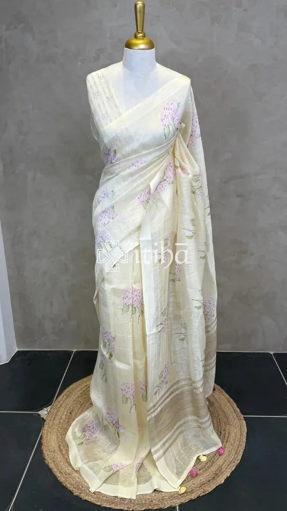 PURE SILK LINEN FLORAL PRINTED SAREE - LIGHT YELLOW