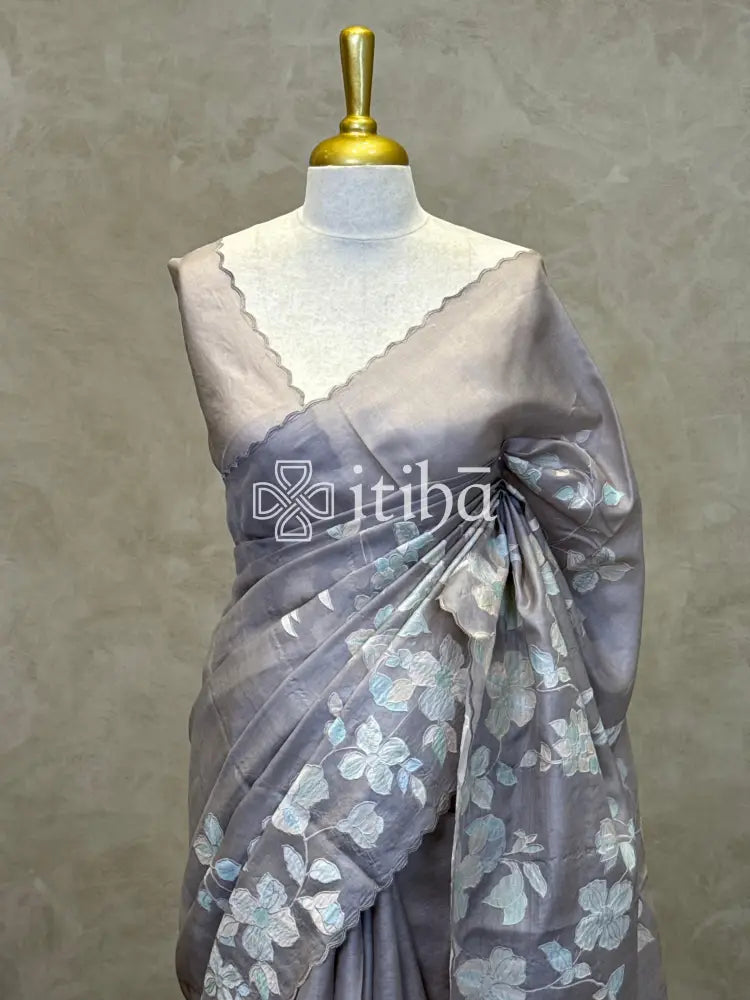 PURE TUSSAR SILK APPLIQUE EMBROIDERY SAREE