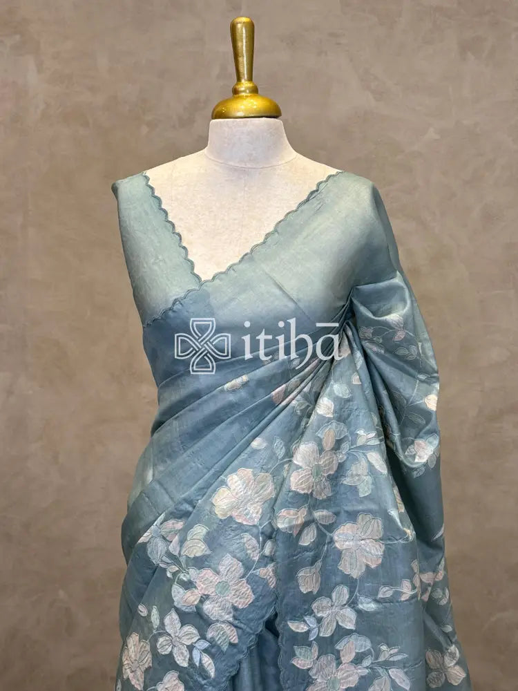 PURE TUSSAR SILK APPLIQUE EMBROIDERY SAREE