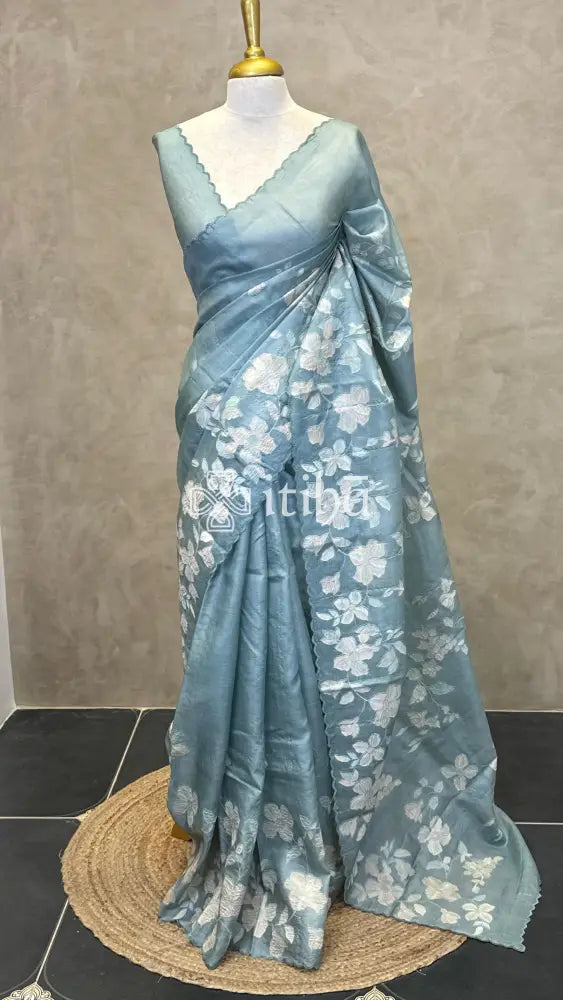 PURE TUSSAR SILK APPLIQUE EMBROIDERY SAREE - GREYISH BLUE