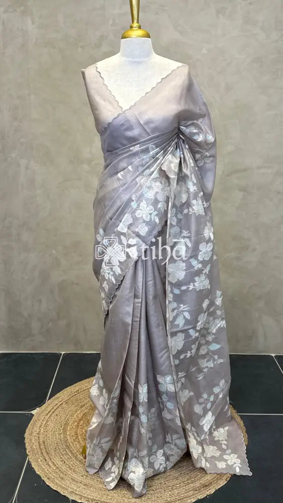 PURE TUSSAR SILK APPLIQUE EMBROIDERY SAREE - LIGHT GREY