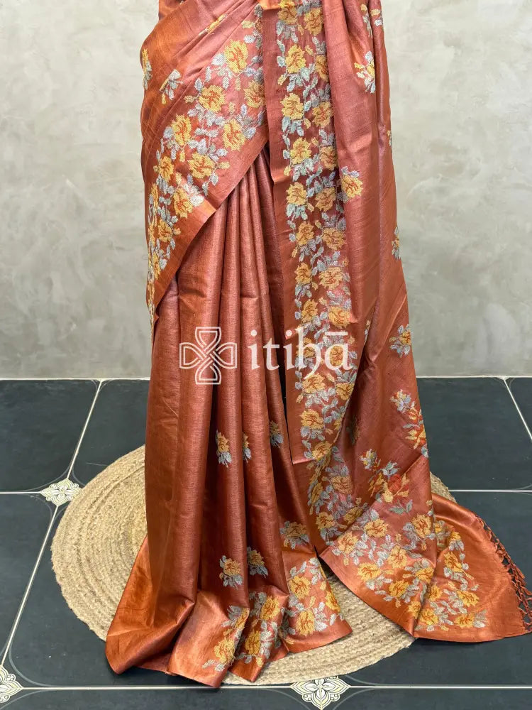 PURE TUSSAR SILK EMBROIDERY SAREE