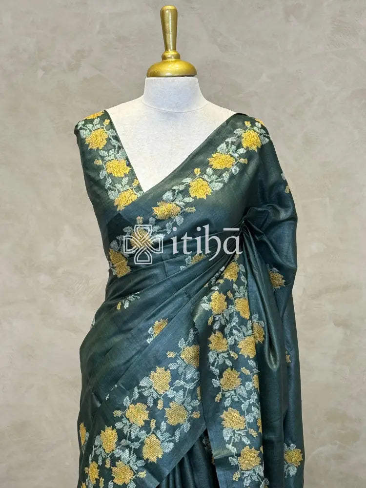 PURE TUSSAR SILK EMBROIDERY SAREE