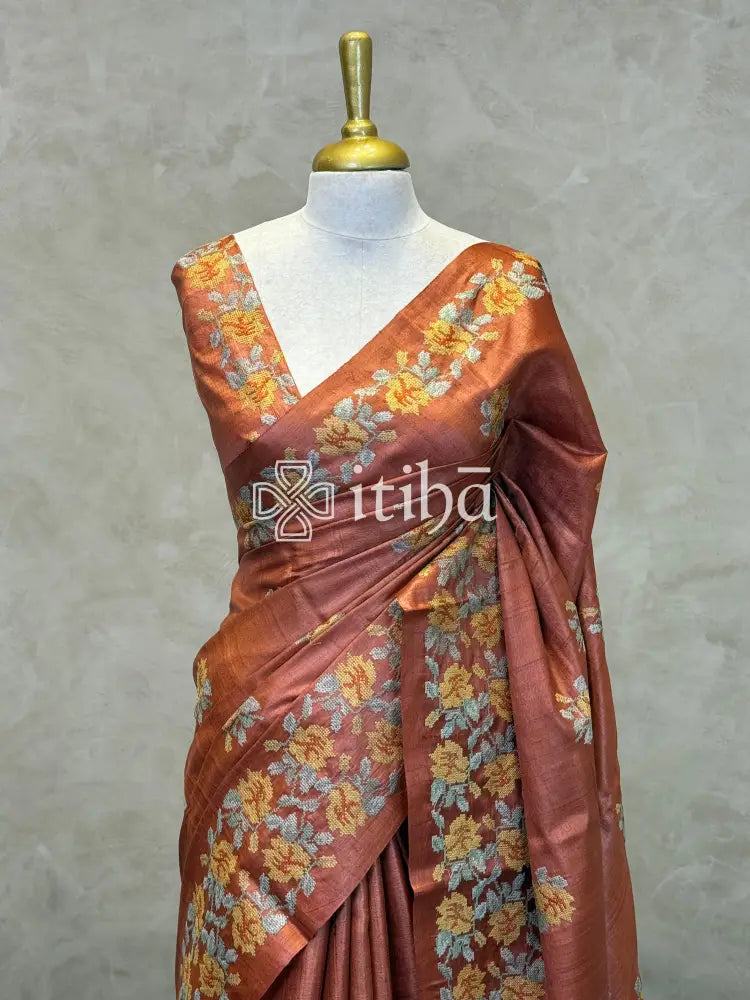 PURE TUSSAR SILK EMBROIDERY SAREE