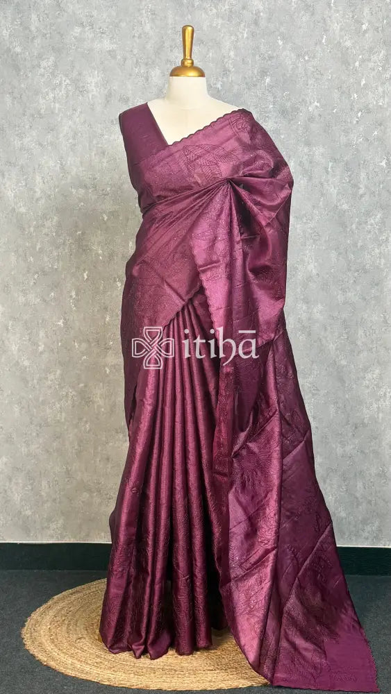 PURE TUSSAR SILK EMBROIDERY SAREE - GRAPE WINE