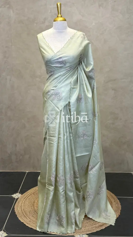 PURE TUSSAR SILK EMBROIDERY SAREE - SAGE MINT