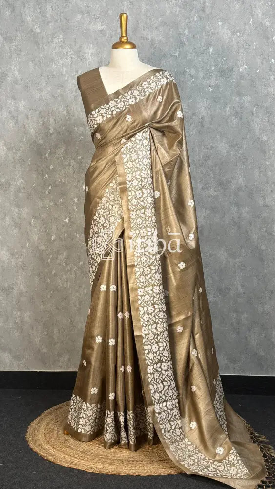 PURE TUSSAR SILK EMBROIDERYSAREE - BRONZE BROWN