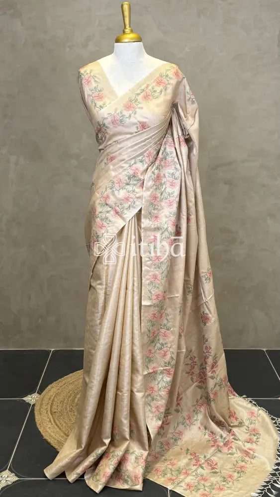 PURE TUSSAR SILK EMBROIDERYSAREE - PASTEL PEACH