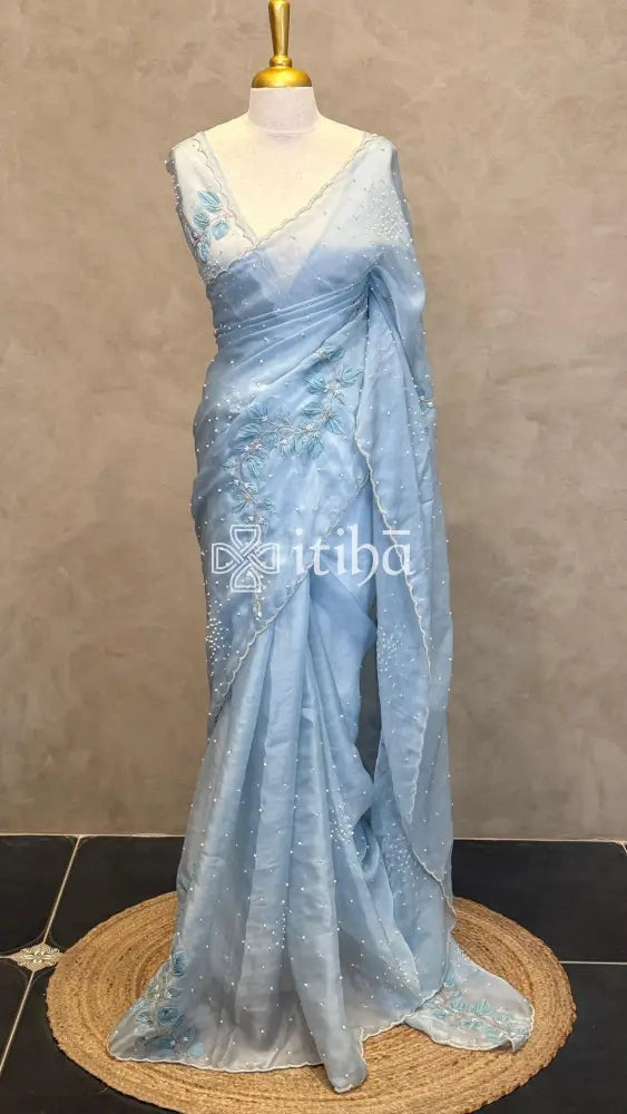 SATIN ORGANZA HAND EMBROIDERY SAREE