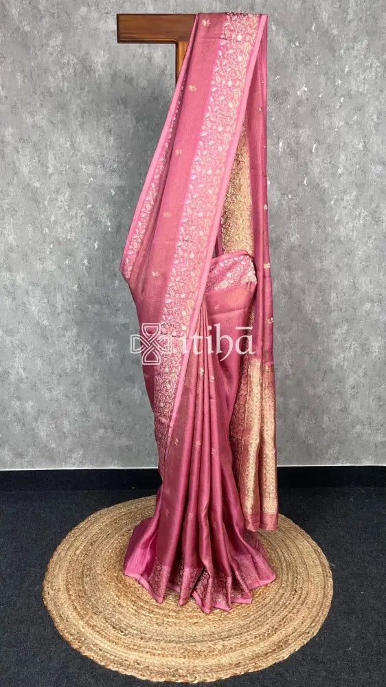 SATIN SILK BANARASI SAREE - GOLDISH PINK