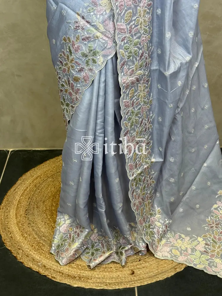 SATIN TUSSAR EMBROIDERY SAREE