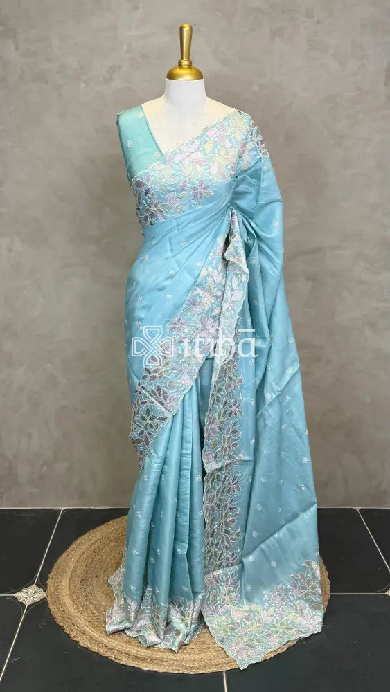 SATIN TUSSAR EMBROIDERY SAREE - PASTEL AQUA BLUE