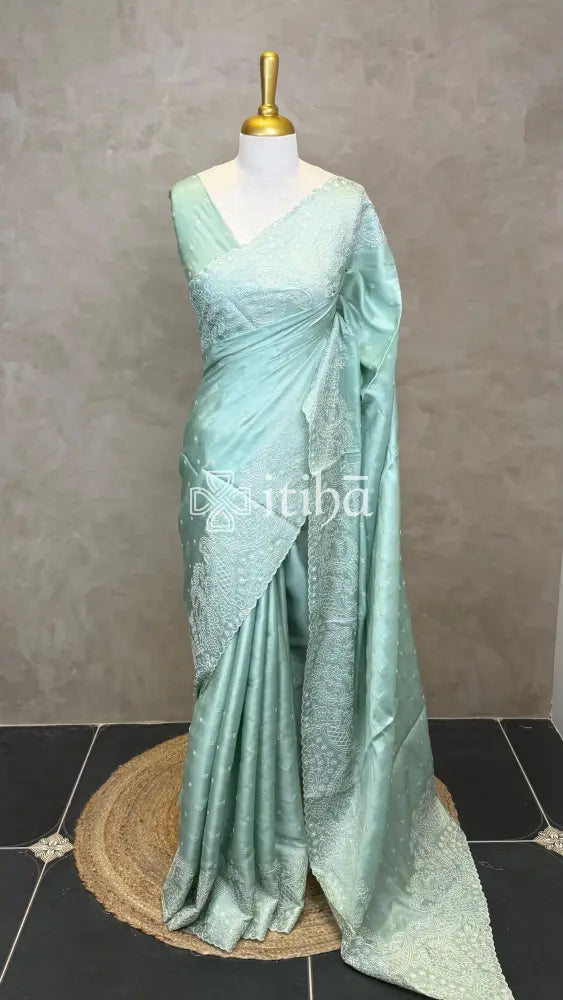 SATIN TUSSAR EMBROIDERY SAREE - PASTEL GREEN