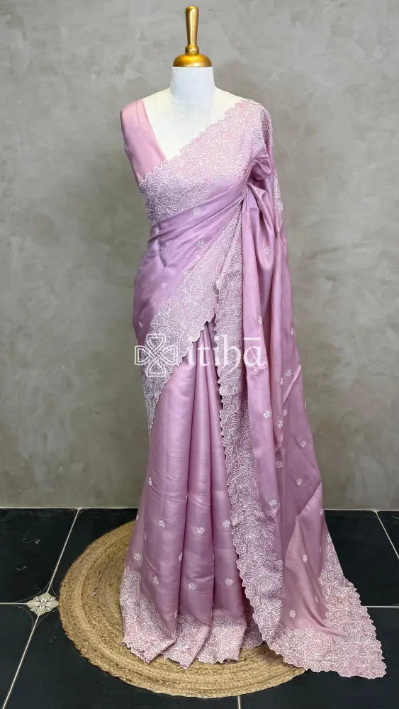 SATIN TUSSAR EMBROIDERY SAREE - PASTEL LAVENDER