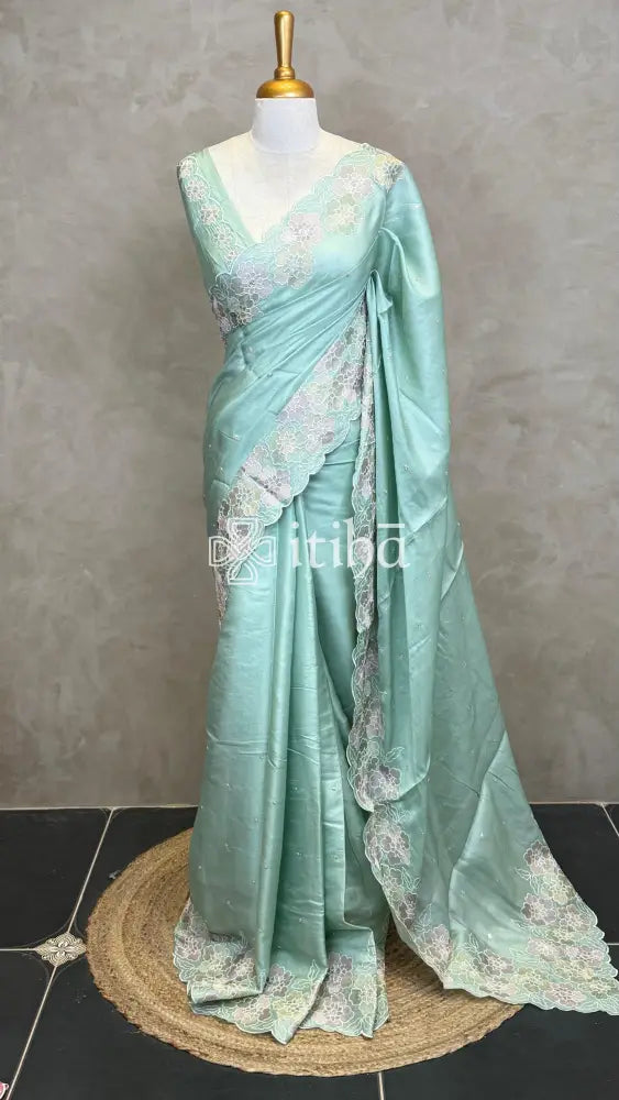 SATIN TUSSAR EMBROIDERY SAREE - PASTEL MINT GREEN