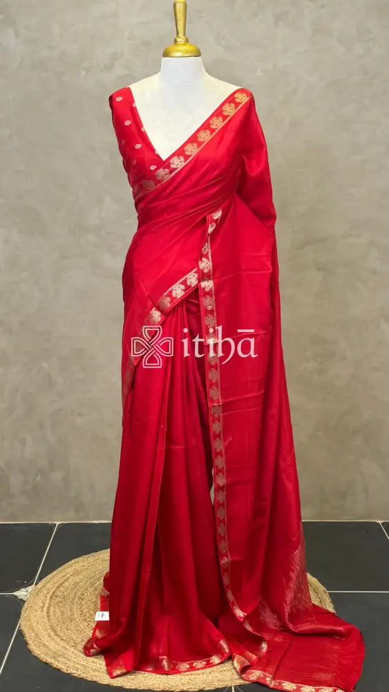 SEMI CREPE SILK BANARASI SAREE - Red