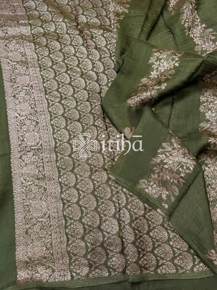 SEMI MATKA TUSSAR BANARASI SAREE - olive green