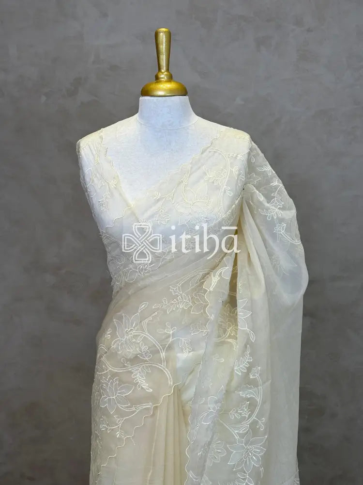 SEMI ORGANZA APPLIQUE EMBROIDERY SAREE