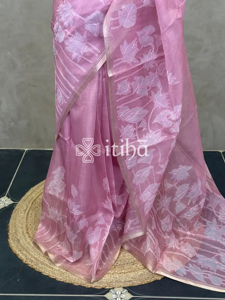 SEMI ORGANZA APPLIQUE EMBROIDERY SAREE - Pink