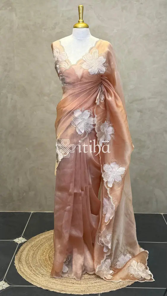 SEMI ORGANZA APPLIQUE SAREE - PASTEL PEACH
