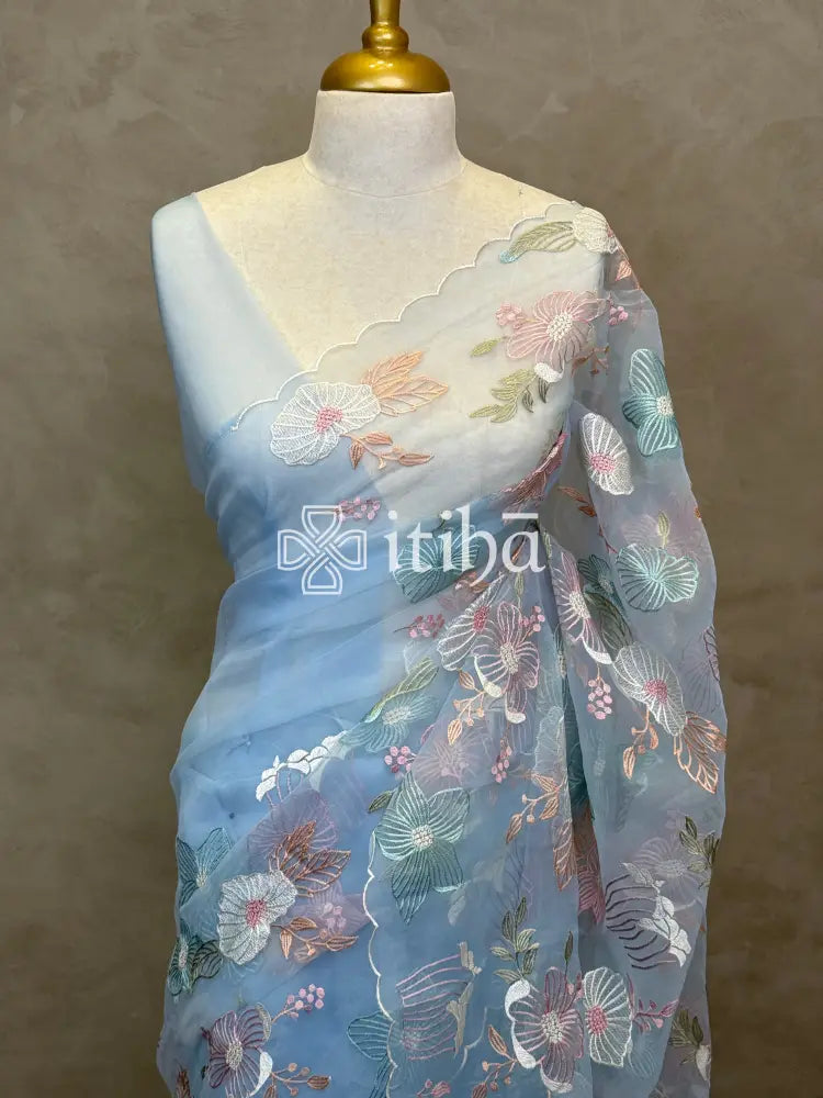 SEMI ORGANZA EMBROIDERY SAREE - PASTEL BLUE