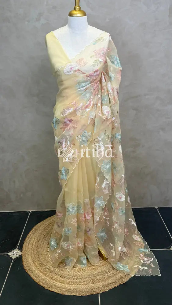 SEMI ORGANZA EMBROIDERY SAREE - LIGHT YELLOW