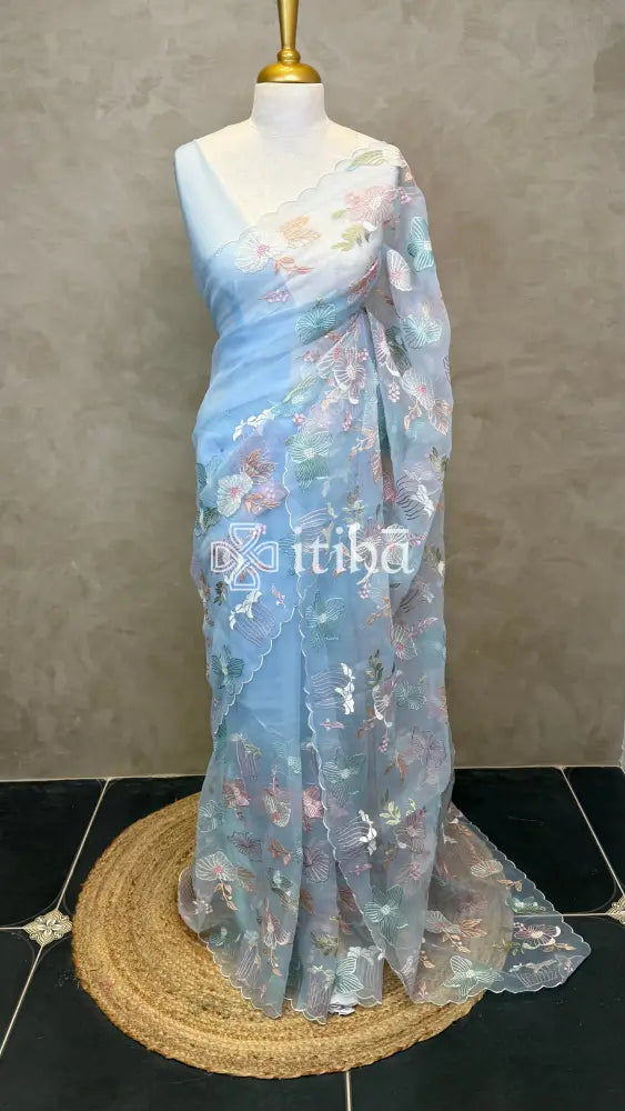 SEMI ORGANZA EMBROIDERY SAREE - PASTEL BLUE