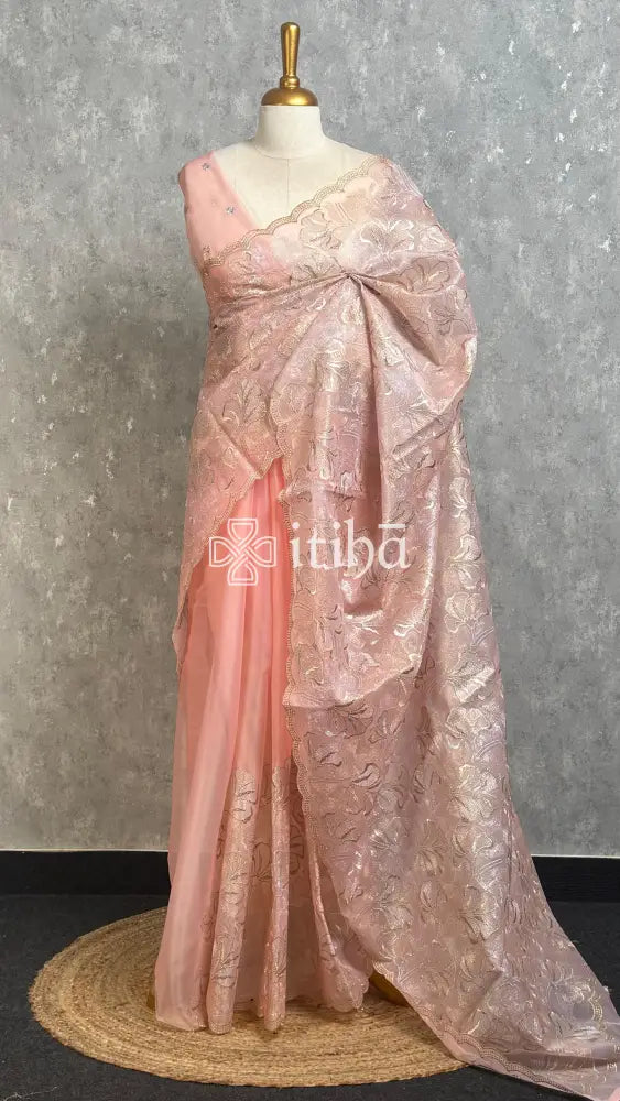 SEMI ORGANZA EMBROIDERY SAREE - PEACH PINK