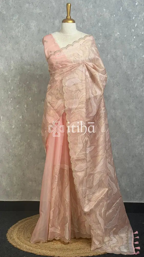 SEMI ORGANZA EMBROIDERY SAREE - PEACH PINK