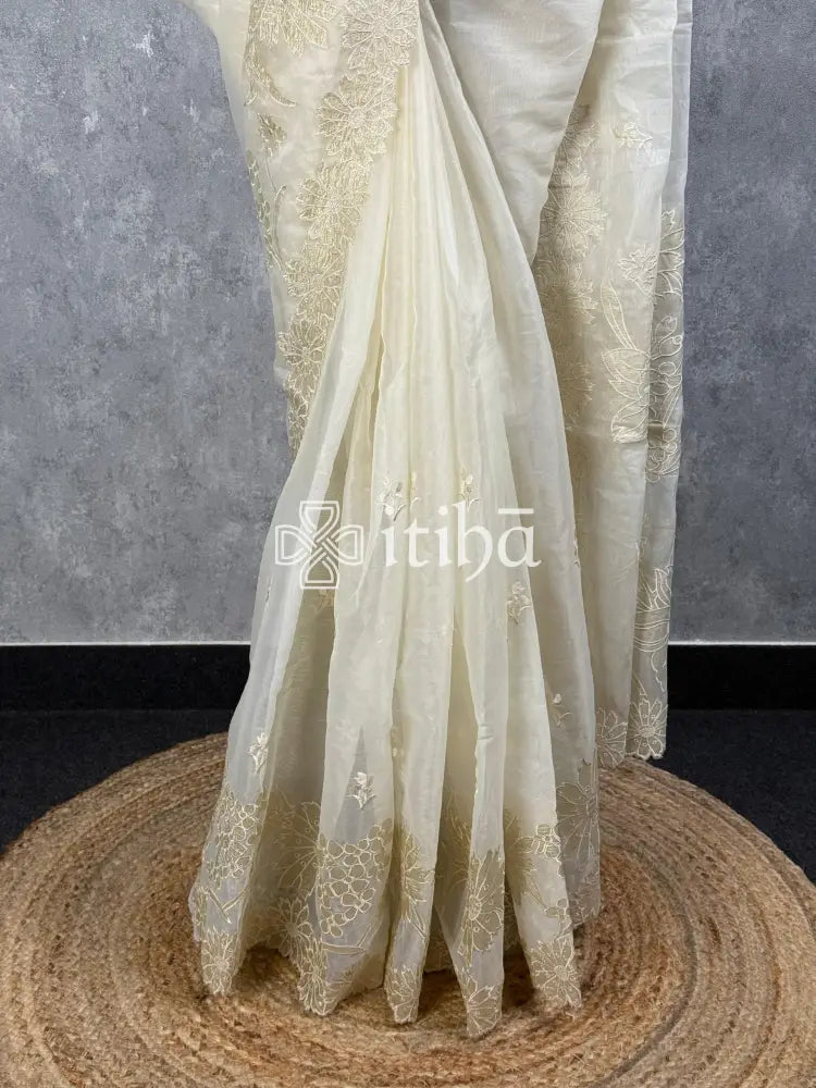 SEMI ORGANZA TISSUE APPLIQUE EMBROIDERY SAREE