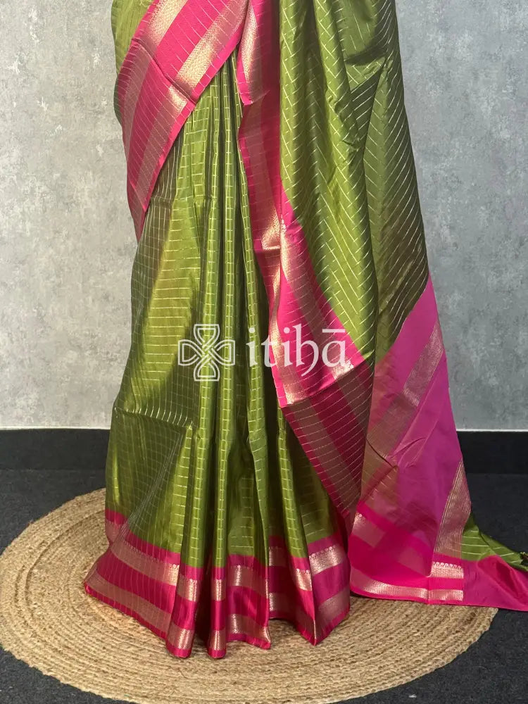 SEMI SILK BANARASI SAREE - olive green