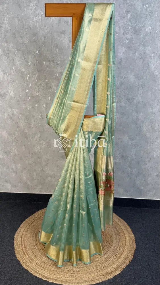 SEMI TISSUE BANARASI SAREE - SEA GREEN