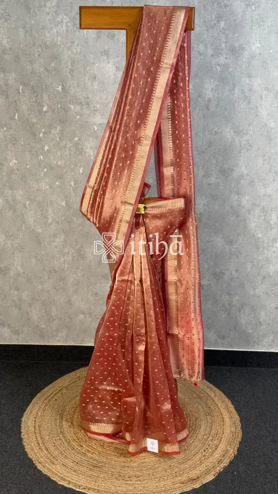 SEMI TISSUE ORGANZA BANARASI SAREE - RUST RED