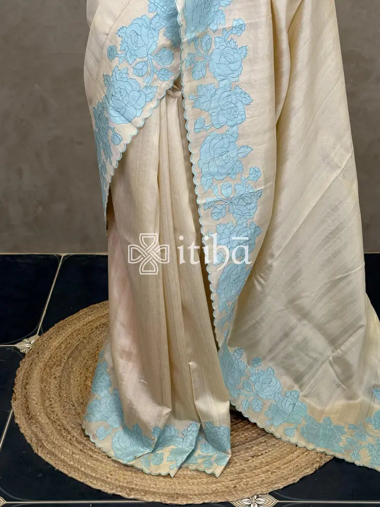 SEMI TUSSAR APPLIQUE EMBROIDERY SAREE