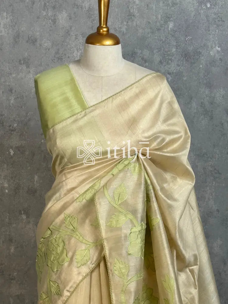 SEMI TUSSAR APPLIQUE EMBROIDERY SAREE