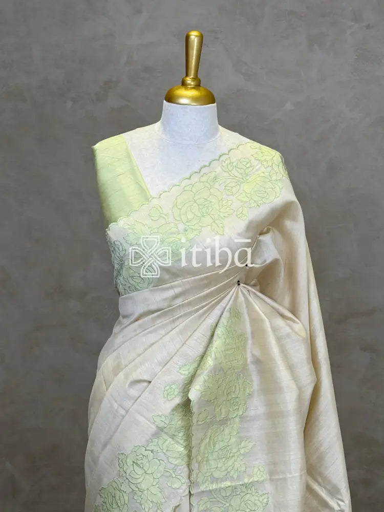 SEMI TUSSAR APPLIQUE EMBROIDERY SAREE