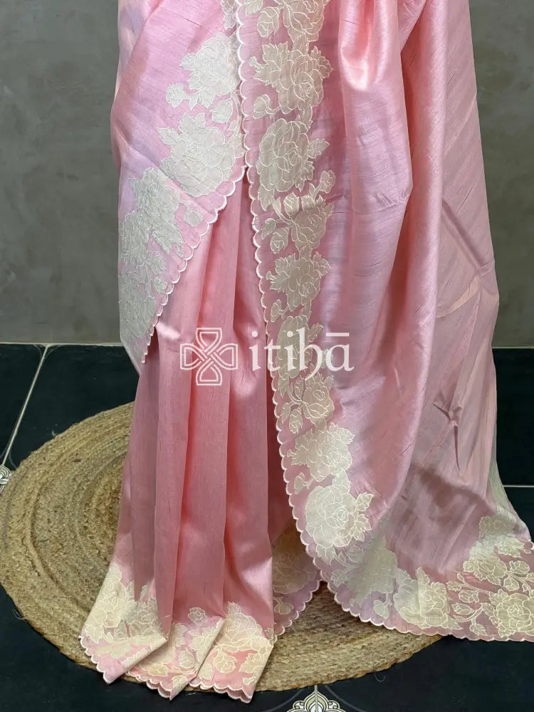SEMI TUSSAR APPLIQUE EMBROIDERY SAREE - PEACH