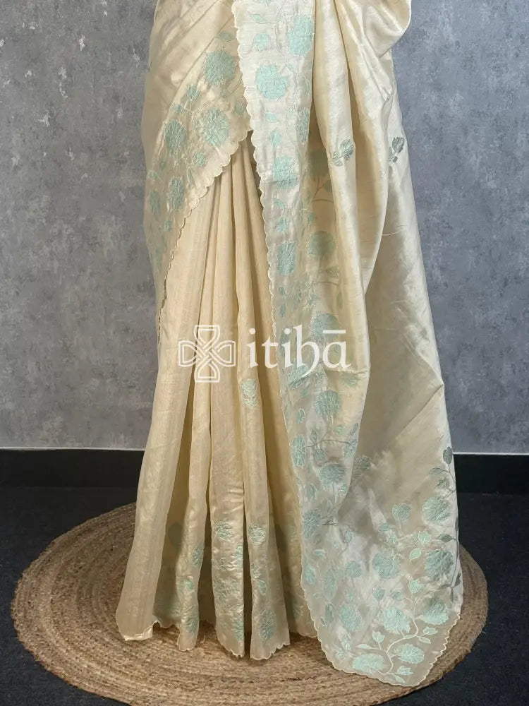SEMI TUSSAR APPLIQUE EMBROIDERY SAREE