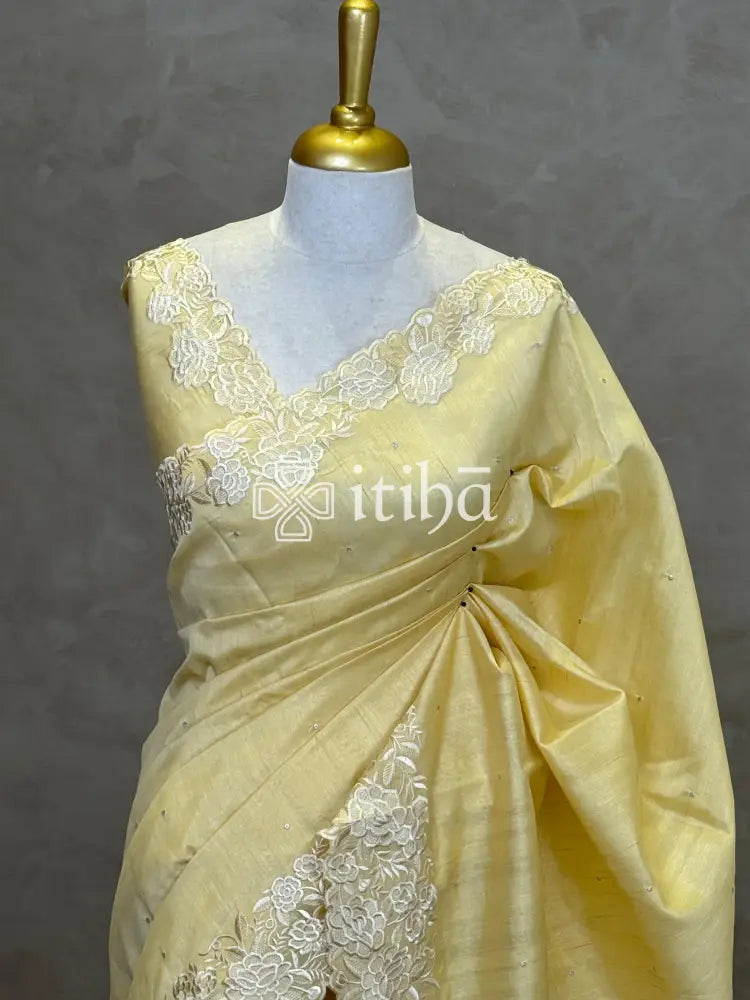 SEMI TUSSAR APPLIQUE EMBROIDERY SAREE