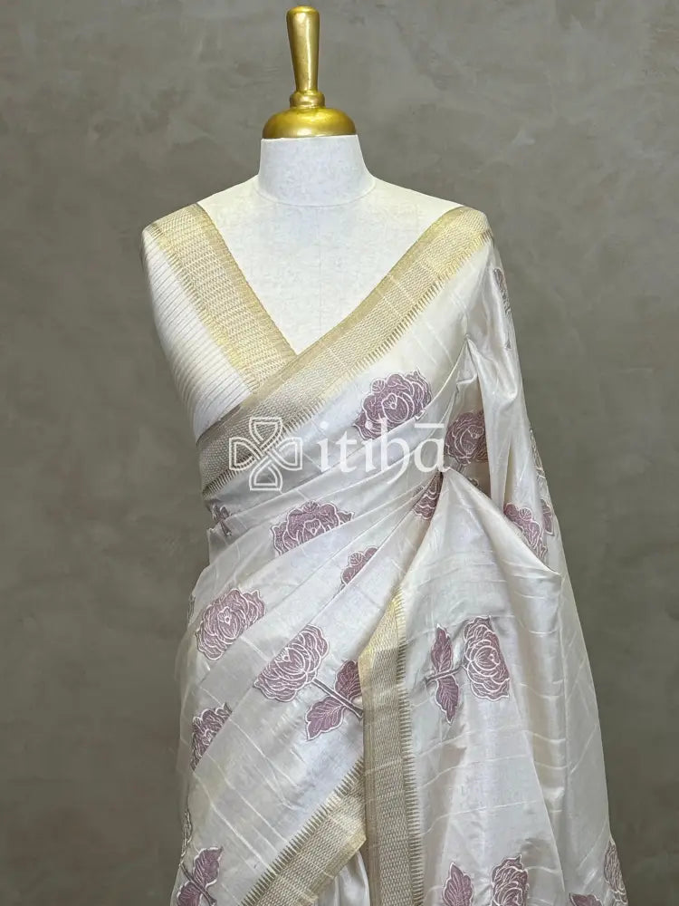 SEMI TUSSAR APPLIQUE EMBROIDERY SAREE