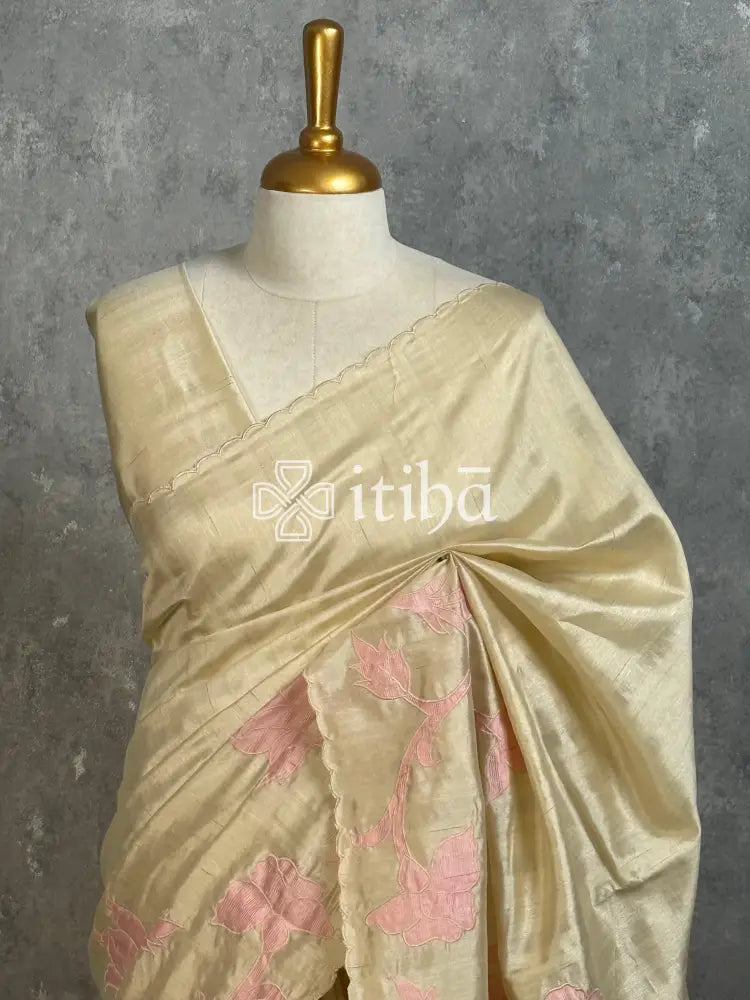 SEMI TUSSAR APPLIQUE EMBROIDERY SAREE