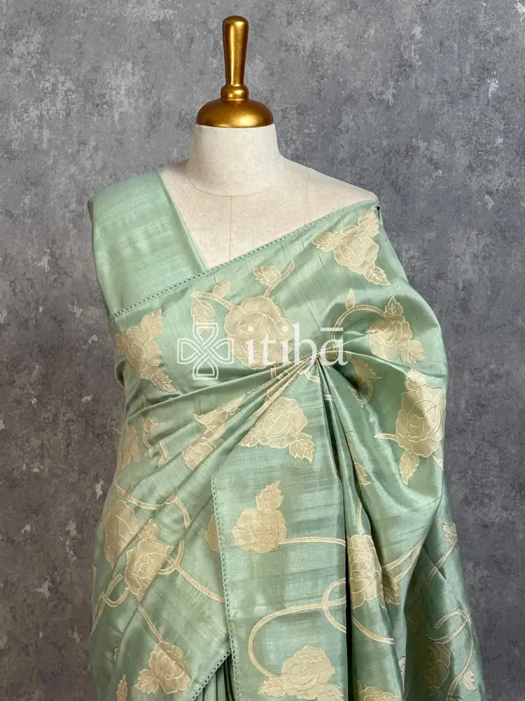 SEMI TUSSAR APPLIQUE EMBROIDERY SAREE