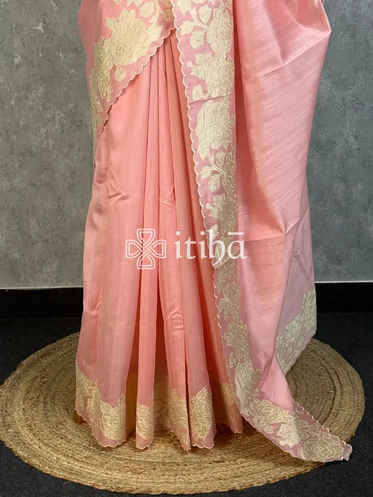 SEMI TUSSAR APPLIQUE EMBROIDERY SAREE