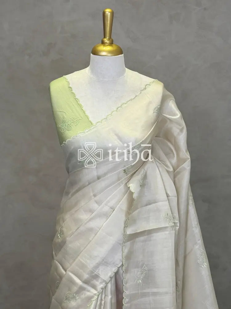 SEMI TUSSAR APPLIQUE EMBROIDERY SAREE