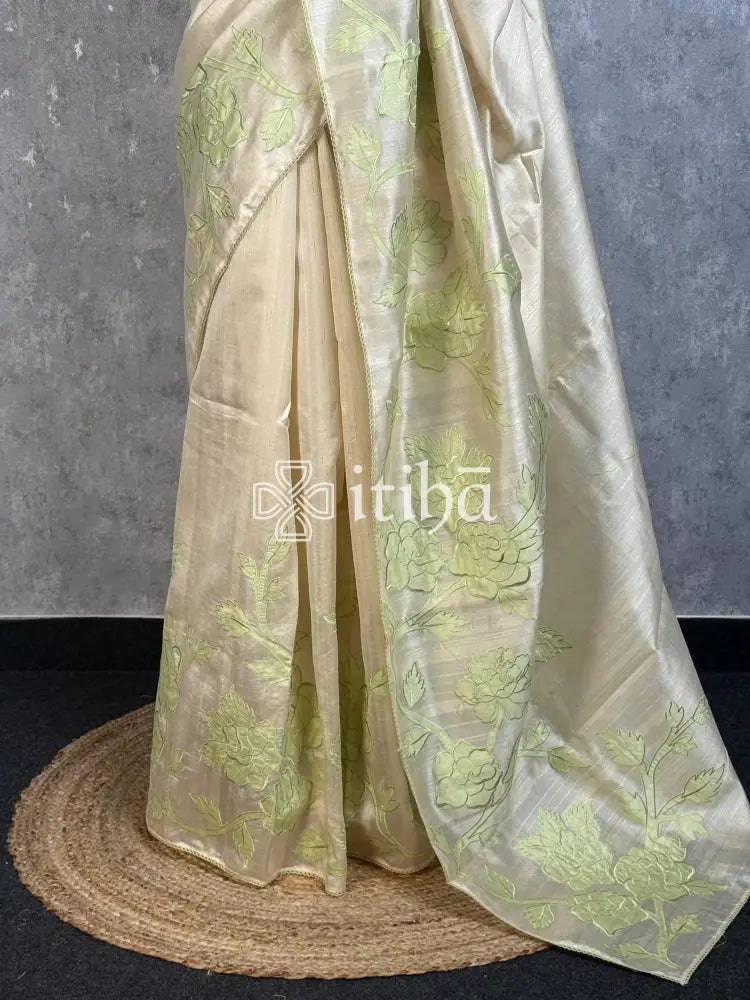 SEMI TUSSAR APPLIQUE EMBROIDERY SAREE