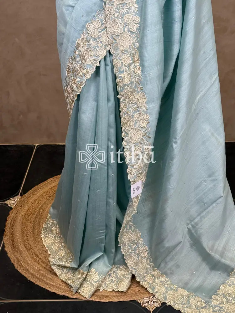 SEMI TUSSAR APPLIQUE EMBROIDERY SAREE