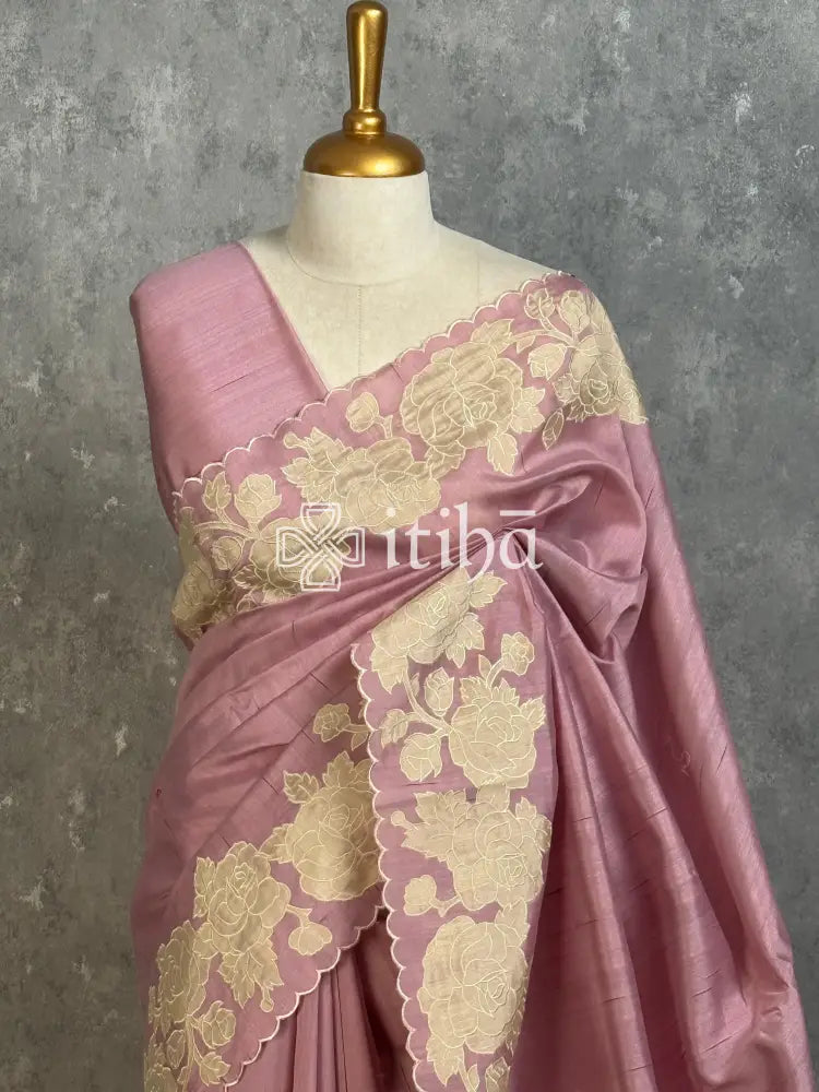 SEMI TUSSAR APPLIQUE EMBROIDERY SAREE