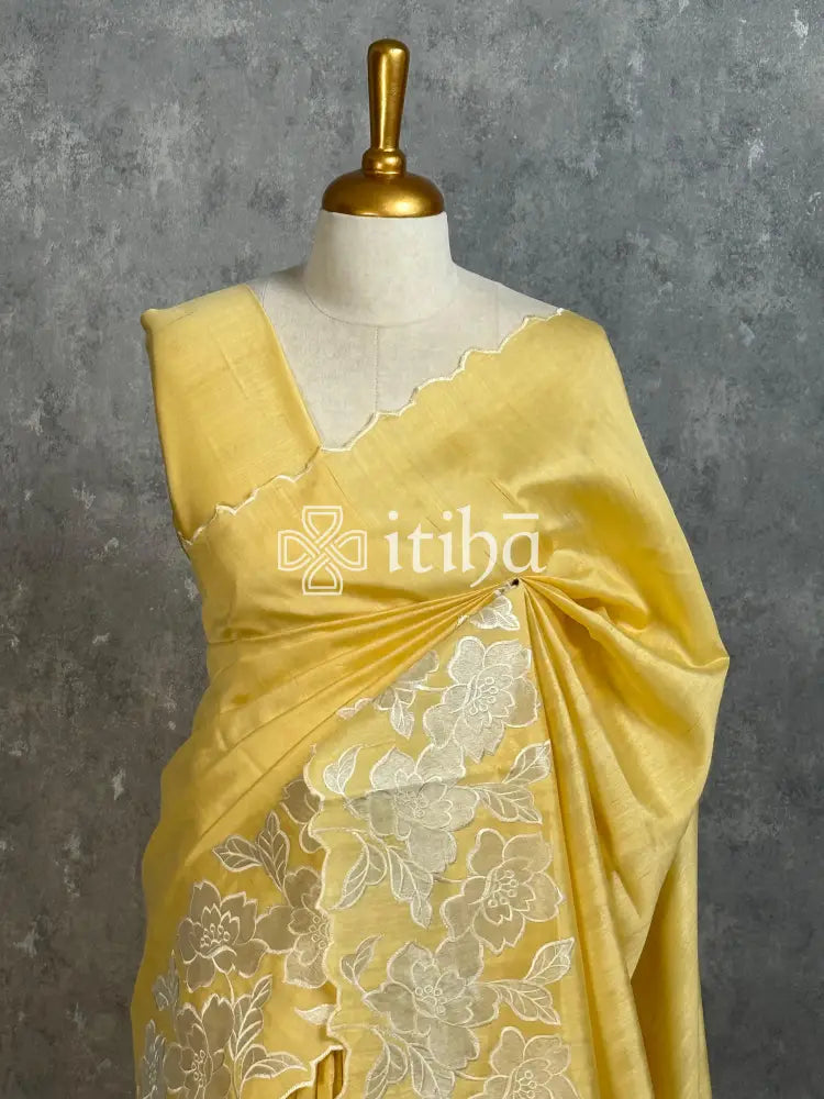 SEMI TUSSAR APPLIQUE EMBROIDERY SAREE